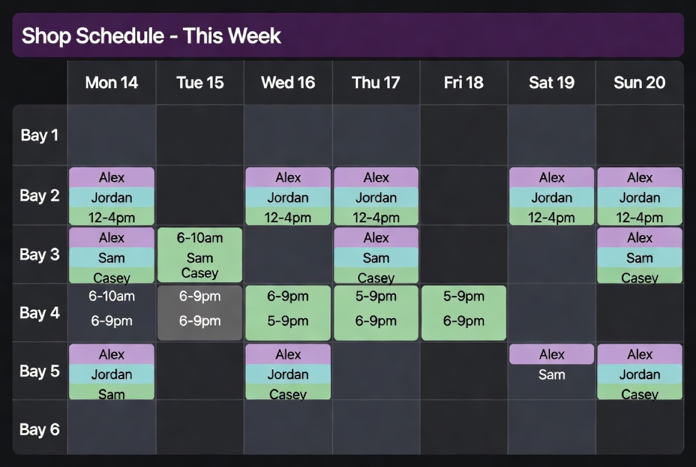 Placeholder mockup of the Project Car weekly shop bay schedule